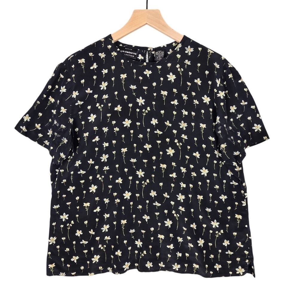 LIZ CLAIBORNE COLLECTION PETITE SILK BLOUSE – WOMEN’S 14P – BLACK / FLORAL PRINT